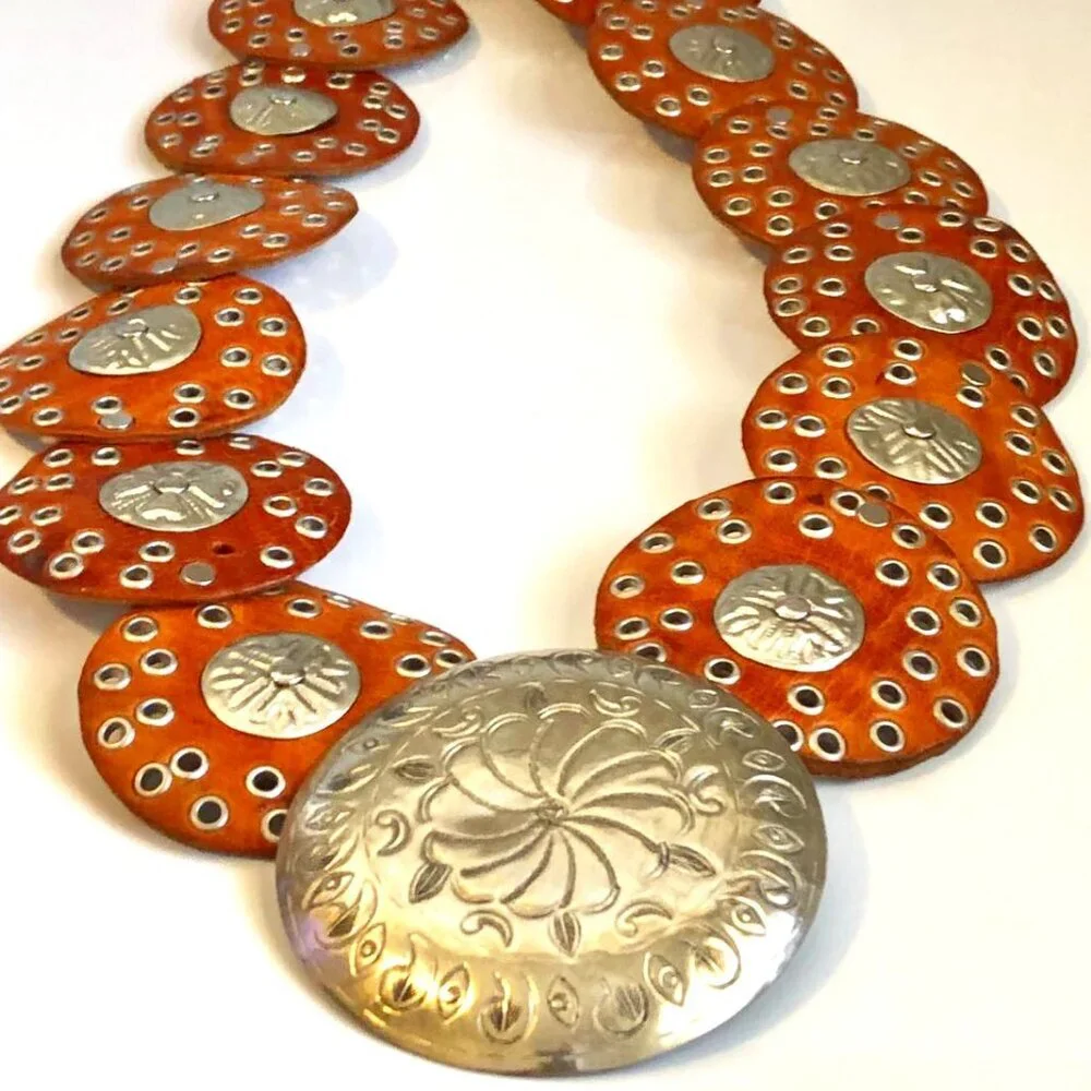 New Handcrafted Y2K Boho Western Concho Belt Tan Leather Silver Medallions OS